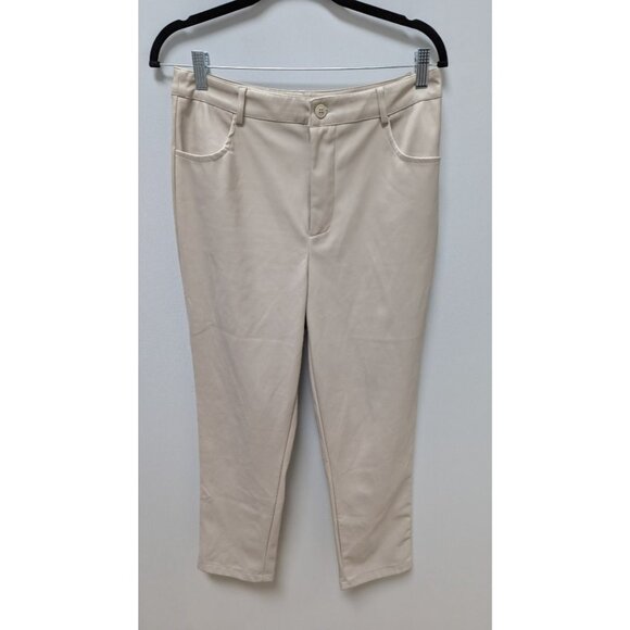 Pretty Little Thing Light Beige Faux-Leather Straight Pants - Picture 1 of 2